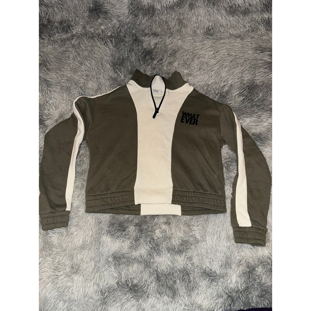 Primark Girls Olive Green Cream Whatever Quarter Zip Cropped Sweatshirt SZ 13-14